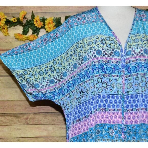 Liberty Love Blue Floral Cardigan Kimono Jacket Size L Long Fringe Festival Boho - Picture 7 of 14
